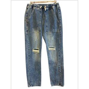 Miss Sparkling Distressed Elastic Waist drawstring Casual Denim Jeans Size Mediu